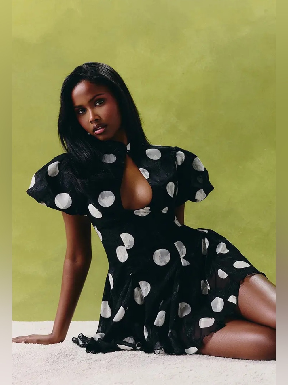 BLACK OVERSIZED POLKA DOT JACQUARD PUFF SLEEVE PLAYSUIT